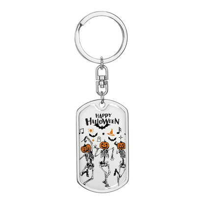 Dancing Pumpkin Skeletons Happy Halloween Dog Tag Key Chain