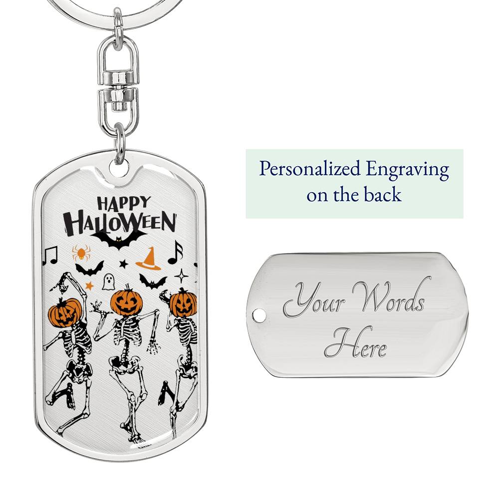 Dancing Pumpkin Skeletons Happy Halloween Dog Tag Key Chain