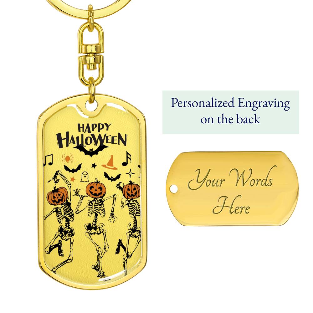 Dancing Pumpkin Skeletons Happy Halloween Dog Tag Key Chain