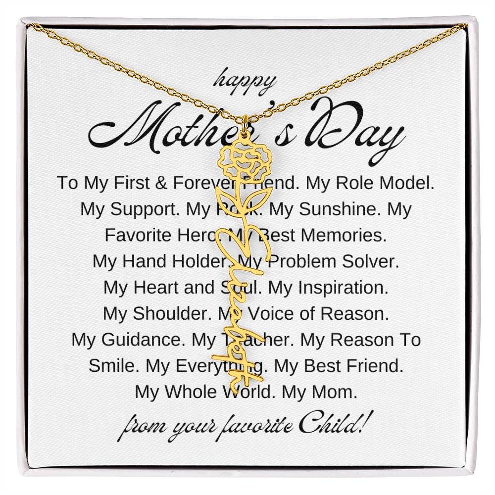 Mothers Day Vertical Name Necklace with Birth Flowers