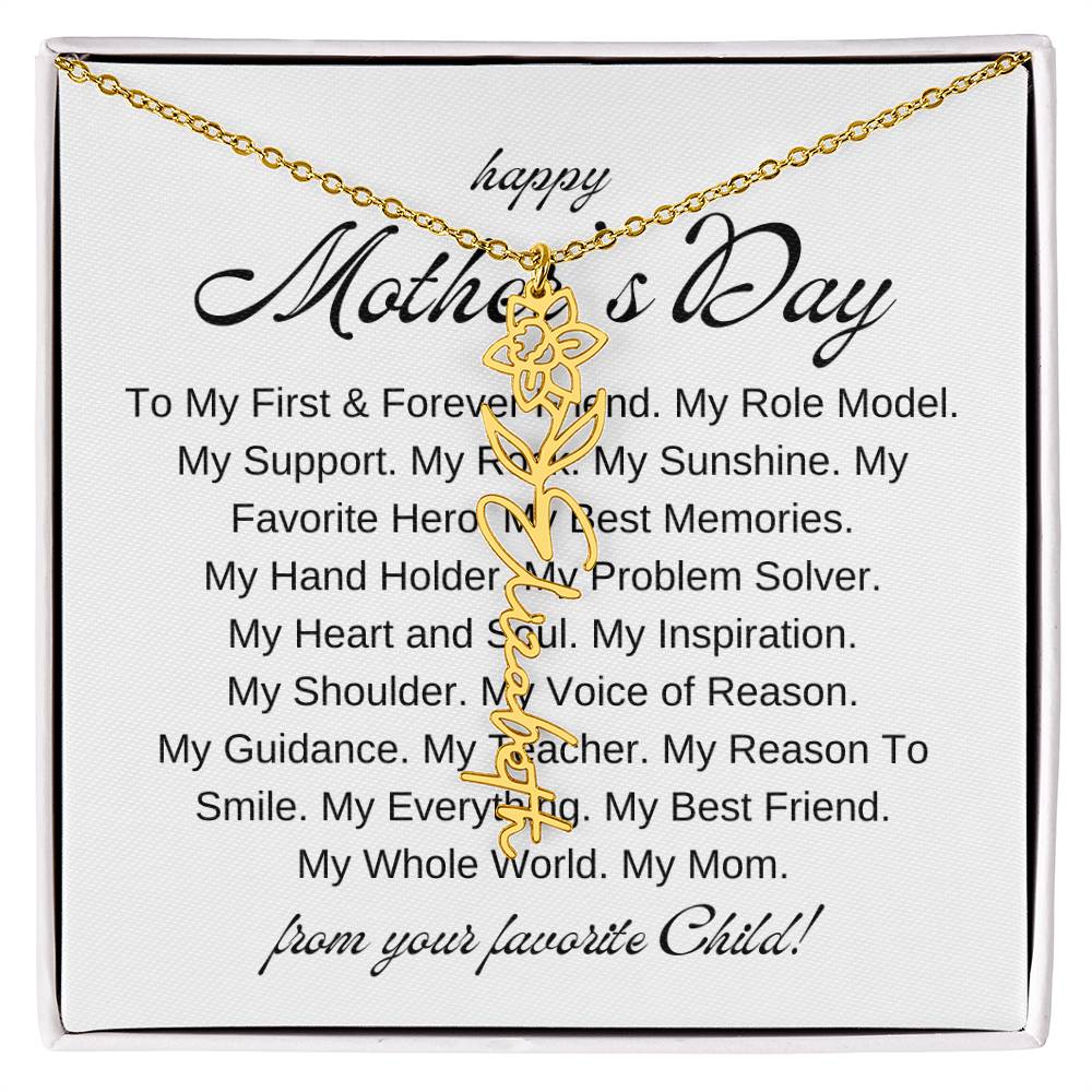 Mothers Day Vertical Name Necklace with Birth Flowers