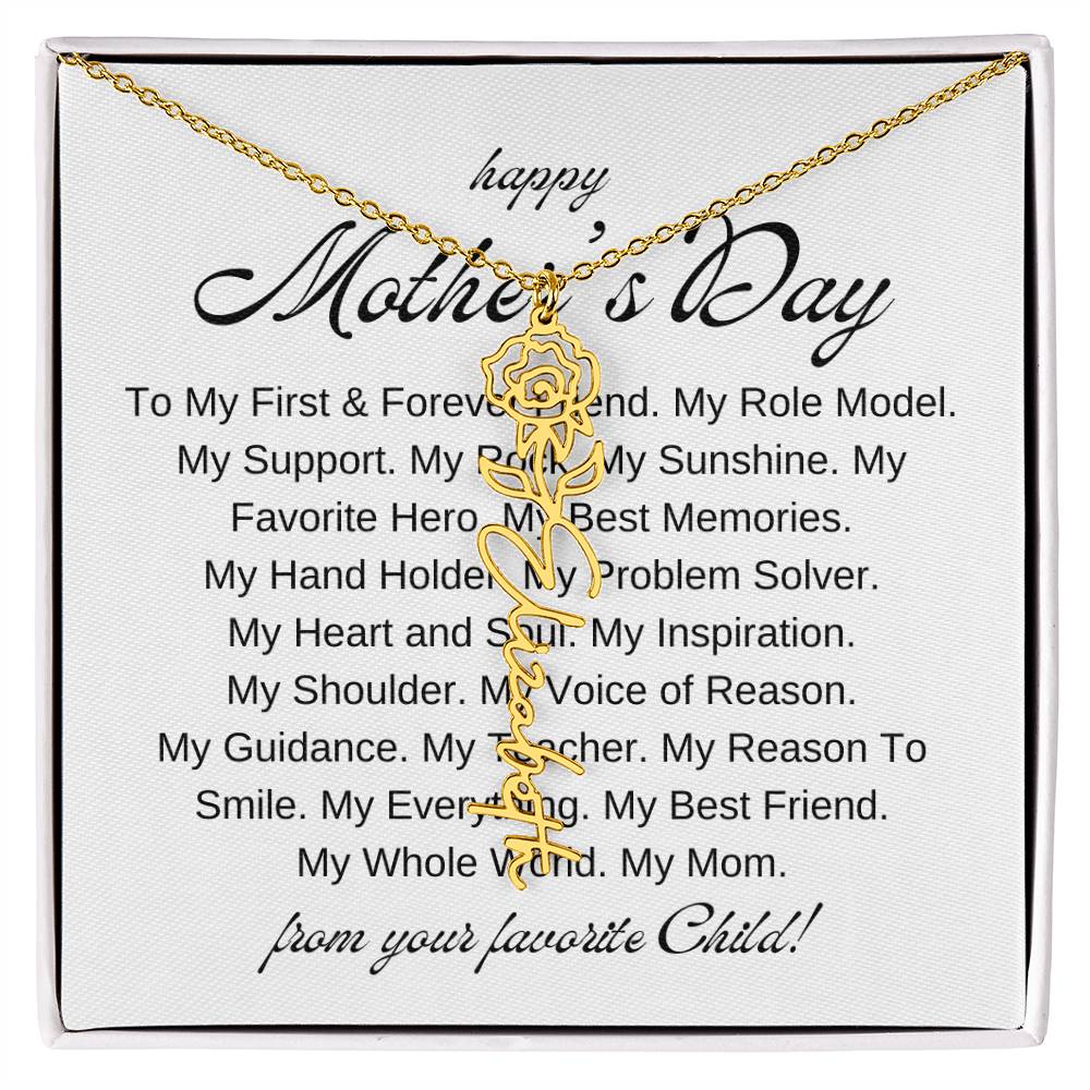 Mothers Day Vertical Name Necklace with Birth Flowers