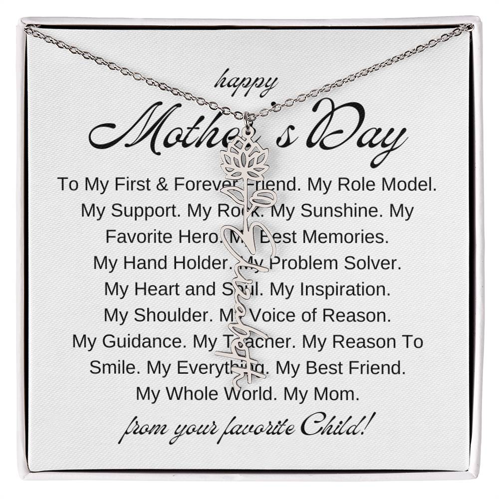 Mothers Day Vertical Name Necklace with Birth Flowers