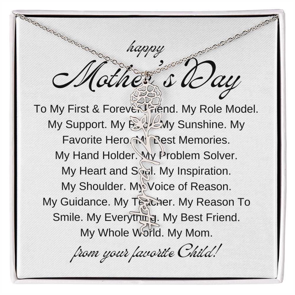 Mothers Day Vertical Name Necklace with Birth Flowers