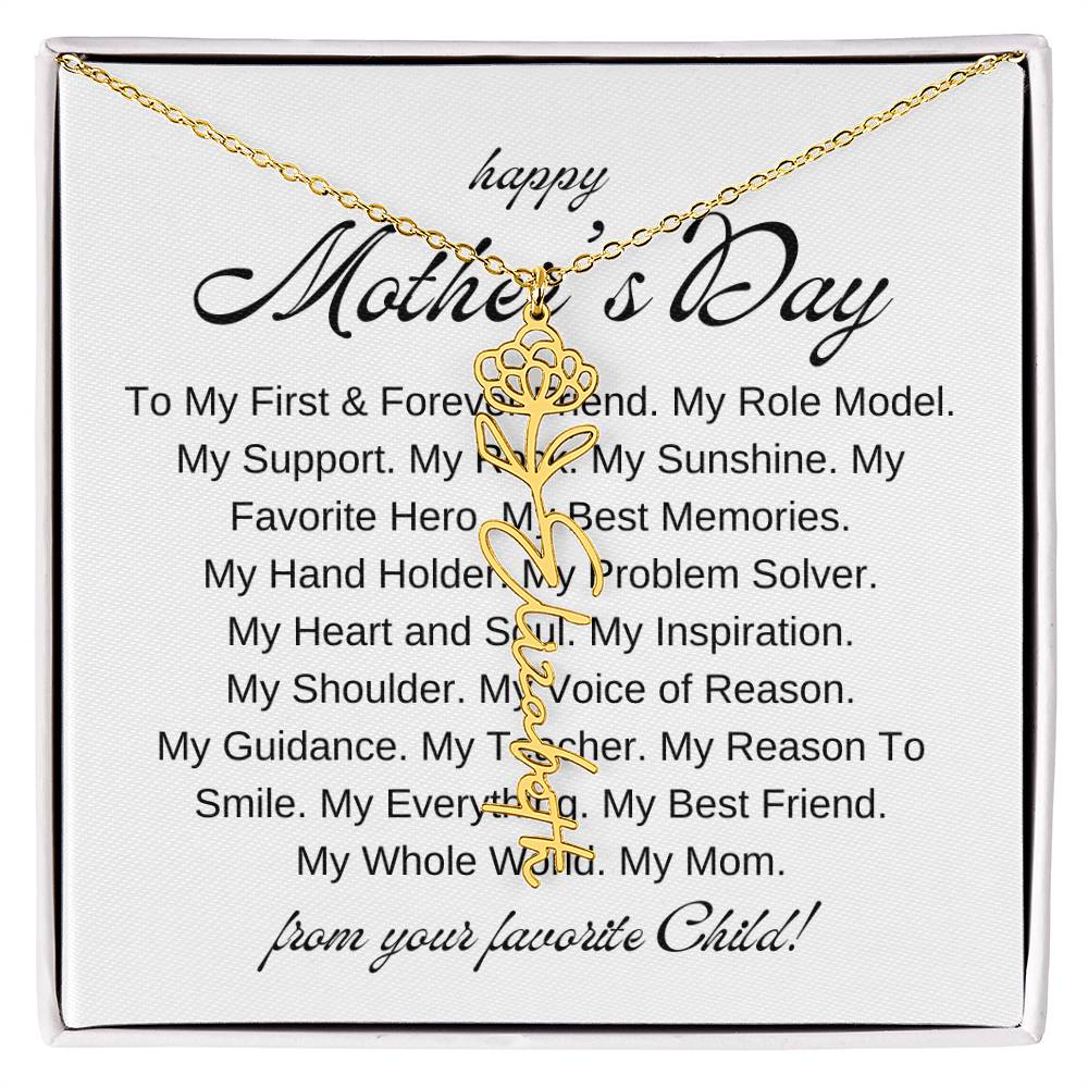 Mothers Day Vertical Name Necklace with Birth Flowers