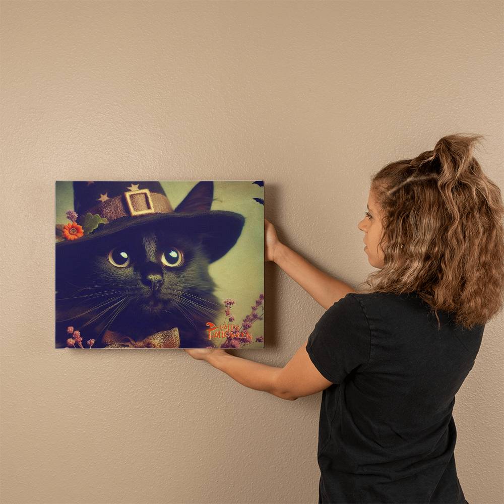 Happy Halloween Black Cat in Witch's Hat Canvas Print